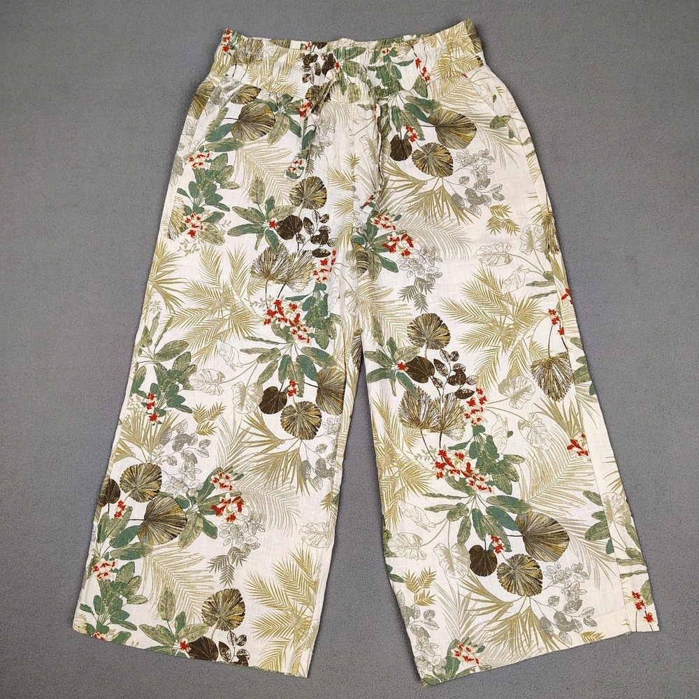 Wide Leg Floral Pants Women 14 Cream Green Viscose Linen Blend Stretch Cropped